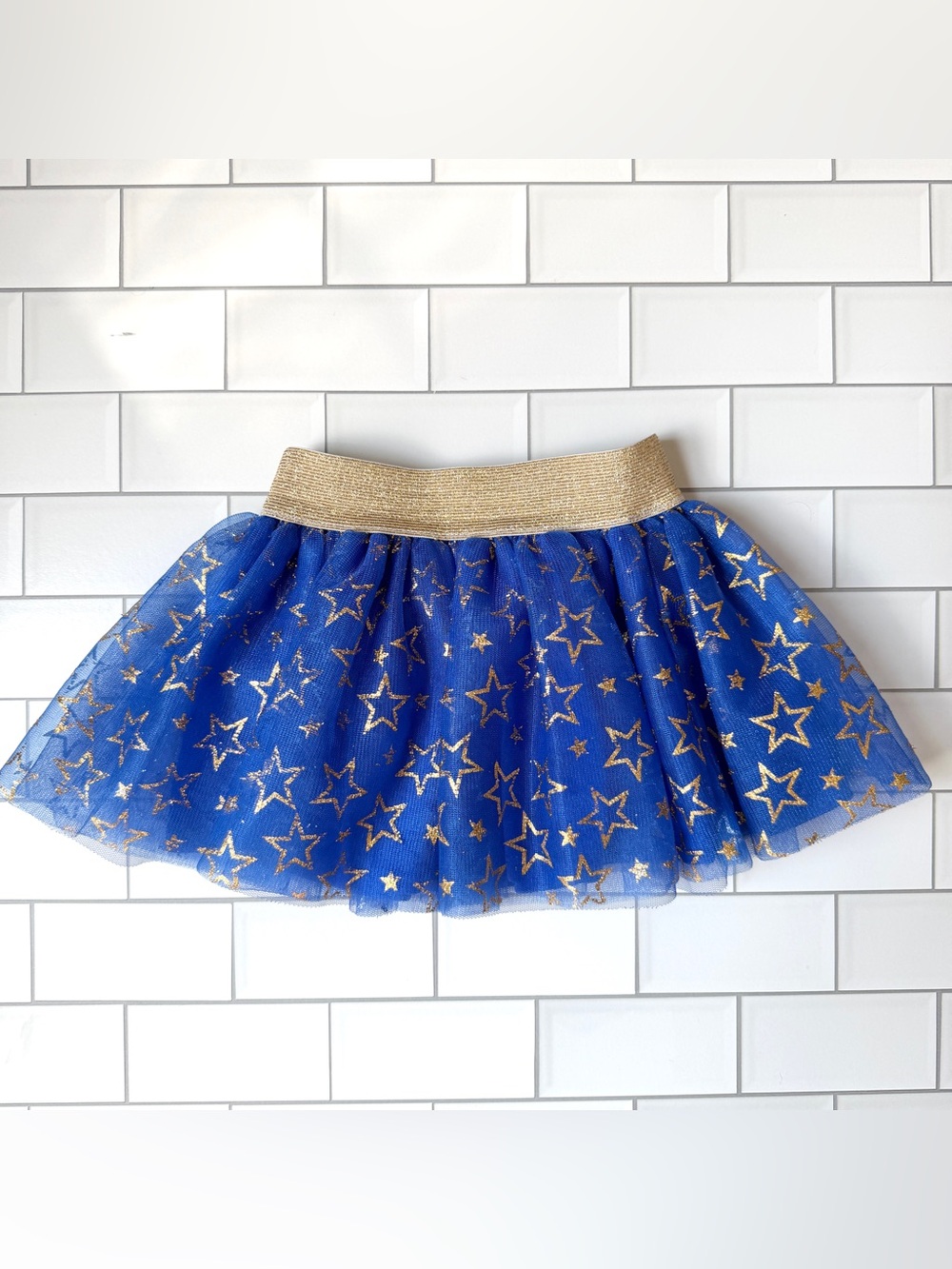 2T🌟 Wonder Woman Toddler Girls Tulle Blue & Gold Lurex Stars Layered Skirt